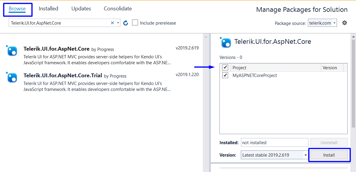 UI for ASP.NET Core Selecting and installing the NuGet package