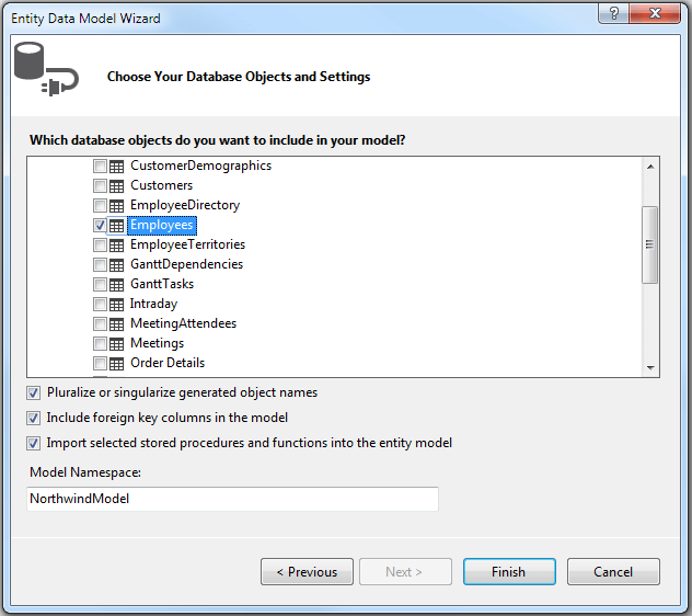UI for ASP.NET MVC Choosing the Employees table in the database objects
