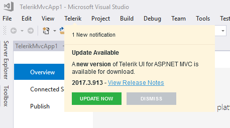 UI for ASP.NET MVC A displayed notification upon locating a new Telerik UI for ASP.NET MVC version