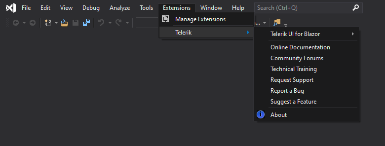 Telerik UI for Blazor Visual Studio Extensions window