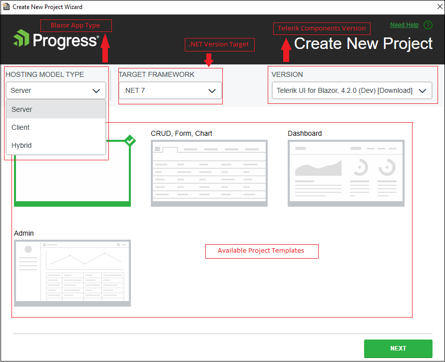 The Create New Project Wizard Templates Options
