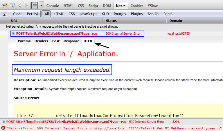 maximum request length exceeded request screenshot