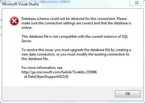 Database schema could not be retrieved dialog