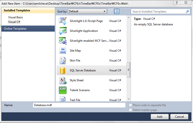 Silverlight RadTimeBar Add SQL Server Database