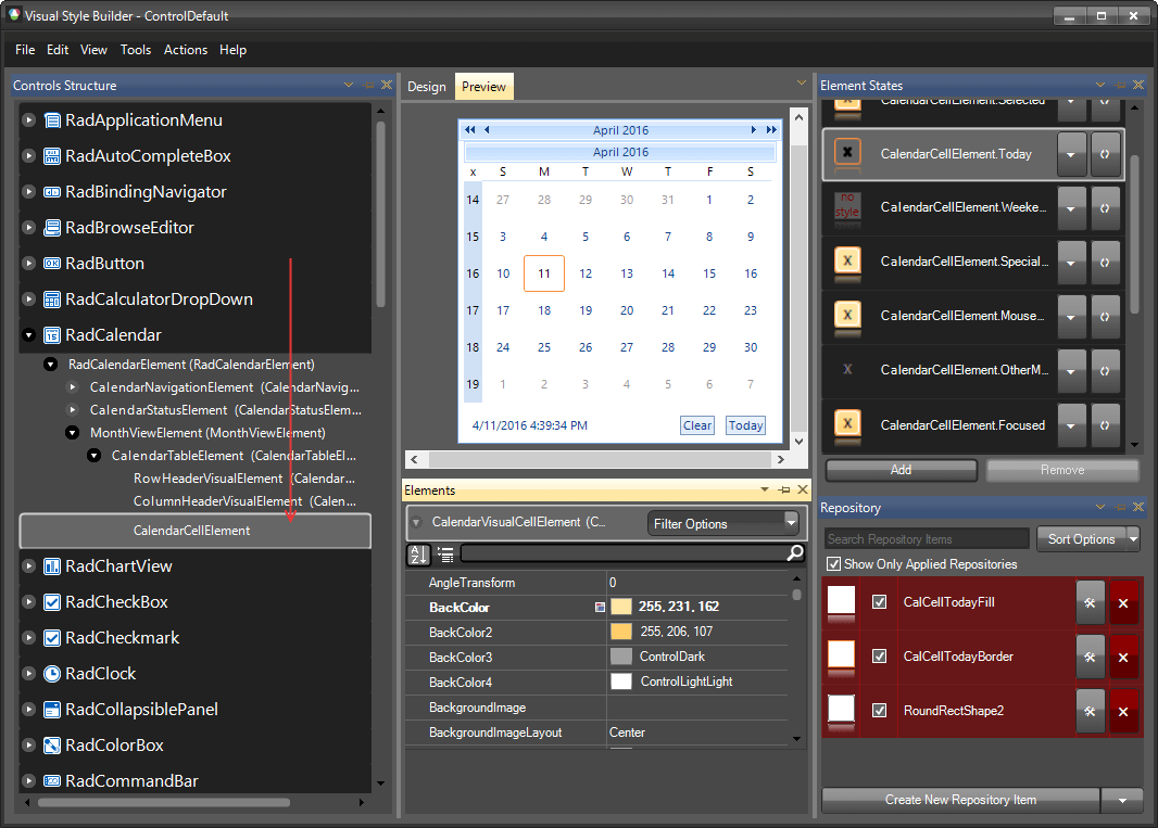 WinForms RadCalendar VisualStyleBuilder CalendarCellElement
