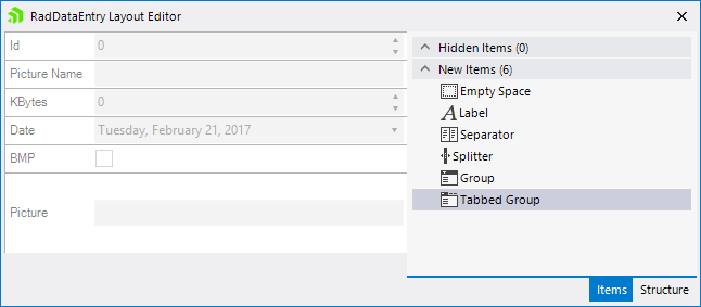 WinForms RadDataLayout The design Time Layout Editor