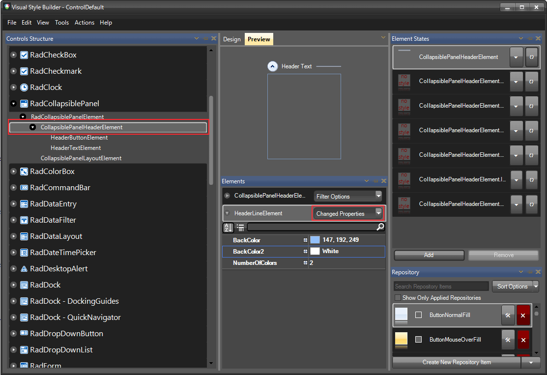 WinForms RadCollapsiblePanel Visual Style Builder