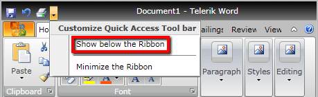 WPF RadRibbonView Quick Access ToolBar Show Bellow Ribbon Button