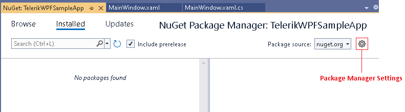 WPF Package Manager Settings Menu