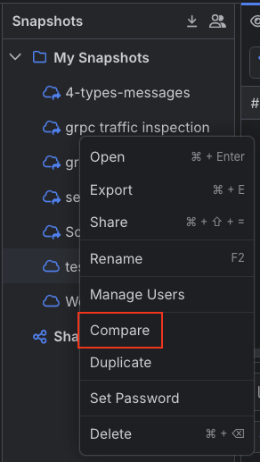 Compare context menu in Sessions section