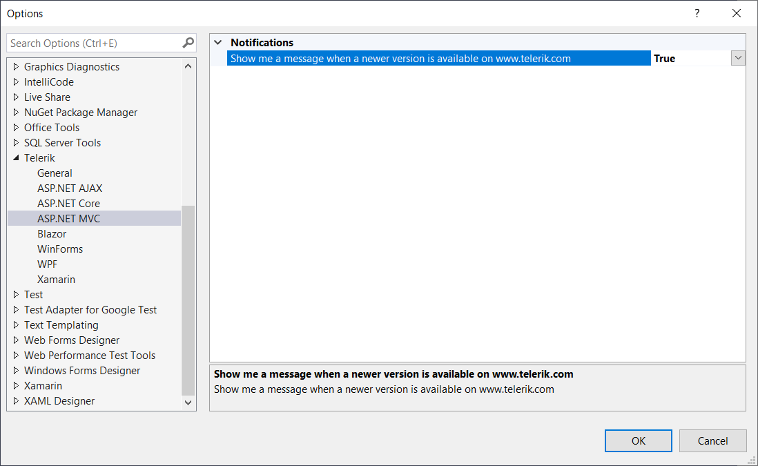 UI for ASP.NET MVC The Visual Studio settings dialog
