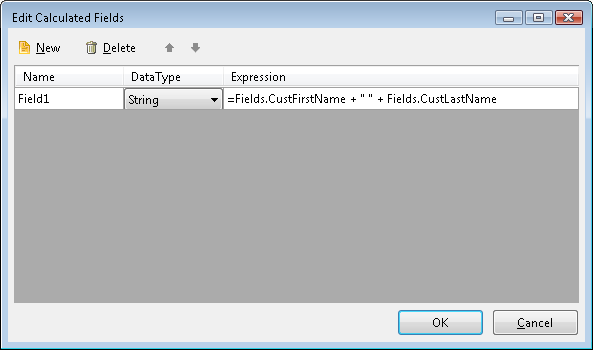 Edit Calculated Fields Dialog in Report Designer with a sample Expression for a Calculated Field of type String