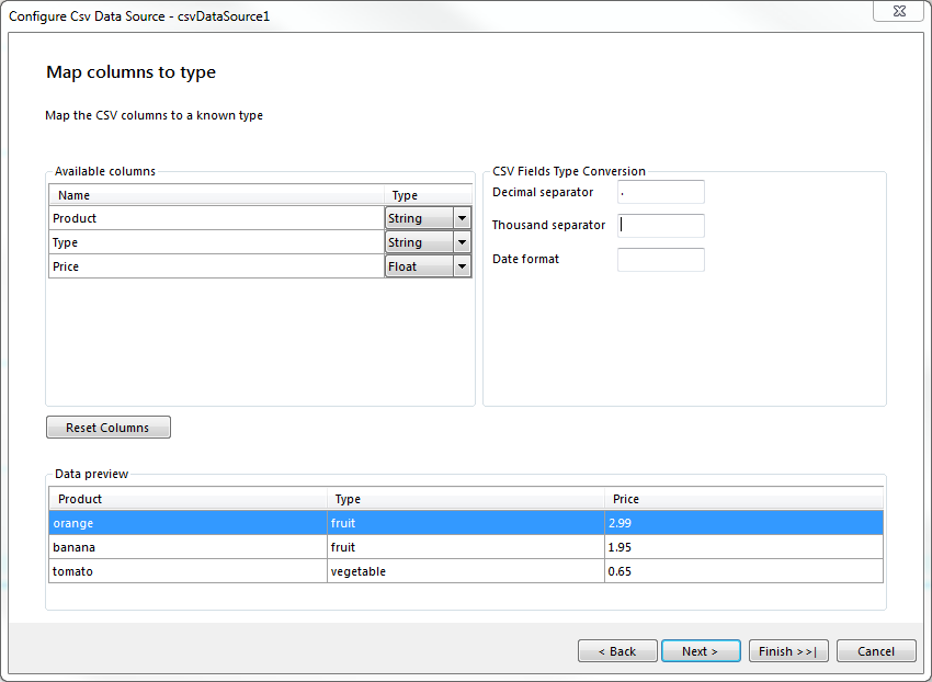 Map Columns to Types dialog of the CsvDataSource Wizard of the Report Designer