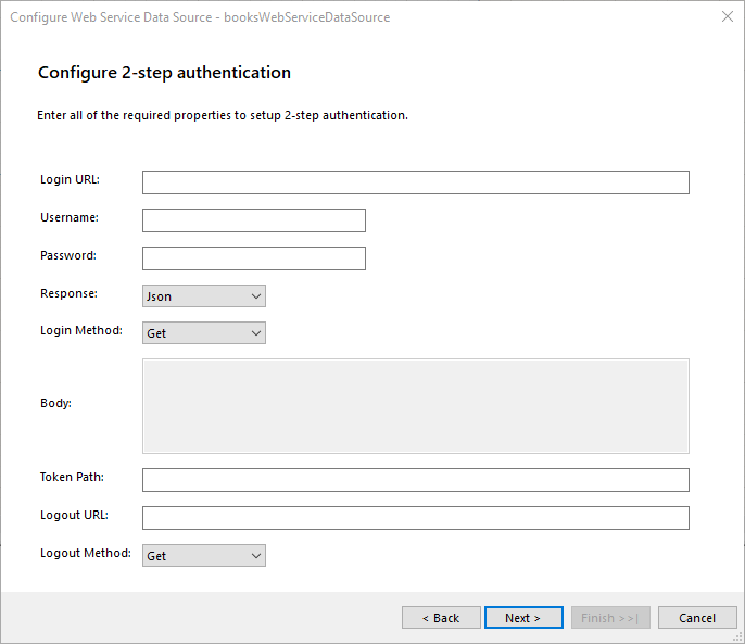 Configure 2-Step Authentication dialog of the WebServiceDataSource Wizard of the Report Designer