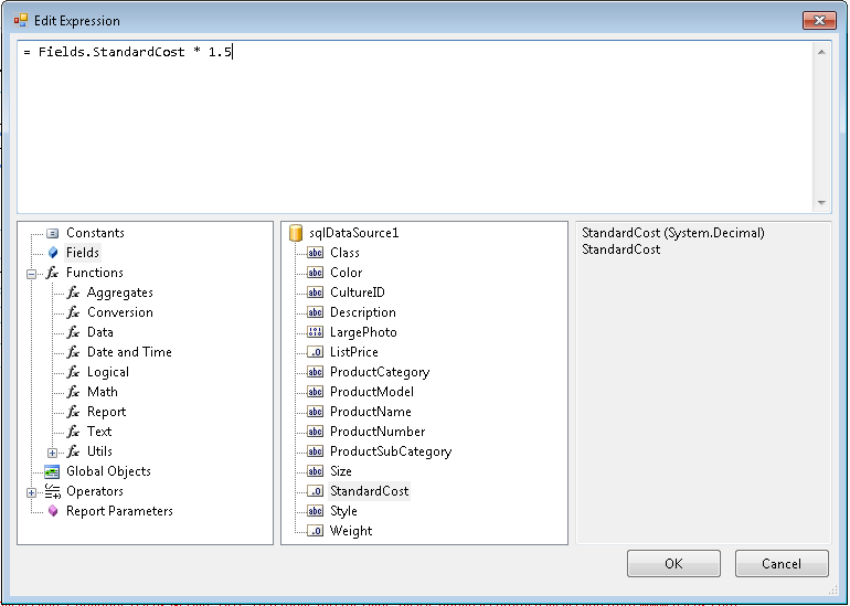 Edit Expression Dialog of the Report Designer with Functions and sqlDataSource1 fields expanded.