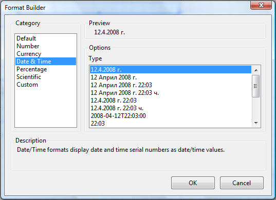 Format Builder Dialog of the Report Designer with Date and Time options selected