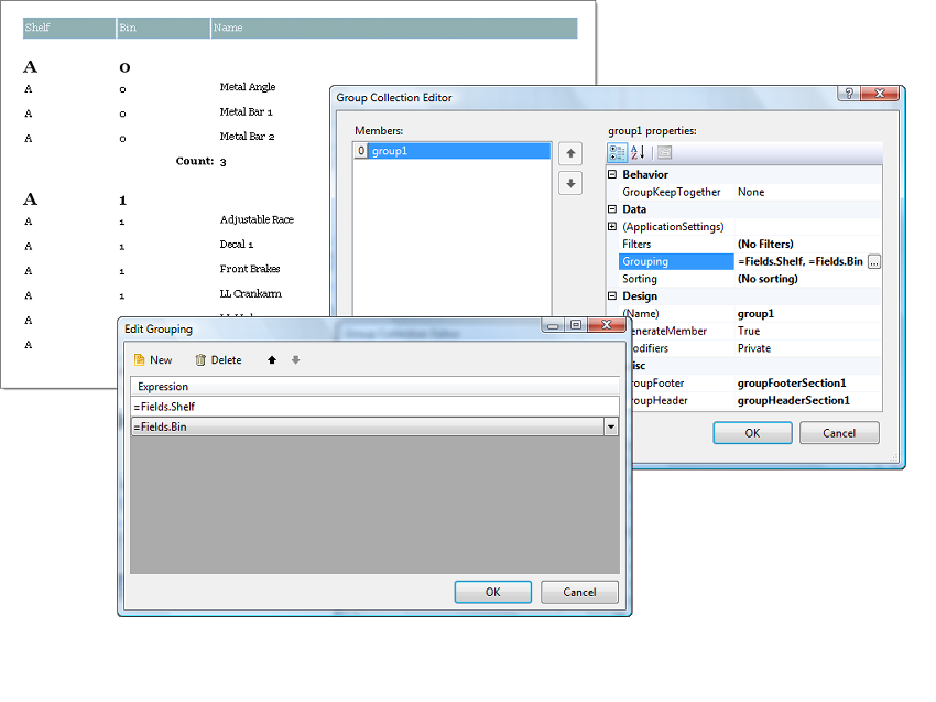 Edit Grouping Dialog of the Report Designer invoked from the Group Collection Editor with two Grouping Expressions added