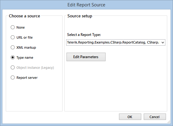 Edit Report Source Dialog with Type name option selected