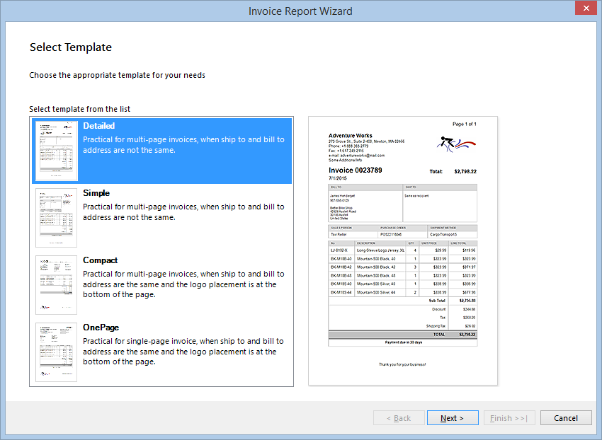 Select Template dialog of the Invoice Report Wizard in the Designer