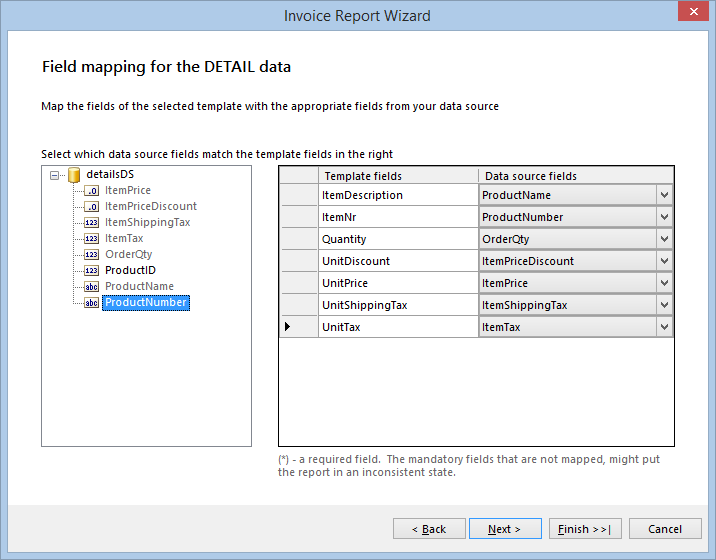 Detail data Field Mapping dialog of the Invoice Report Wizard in the Designer