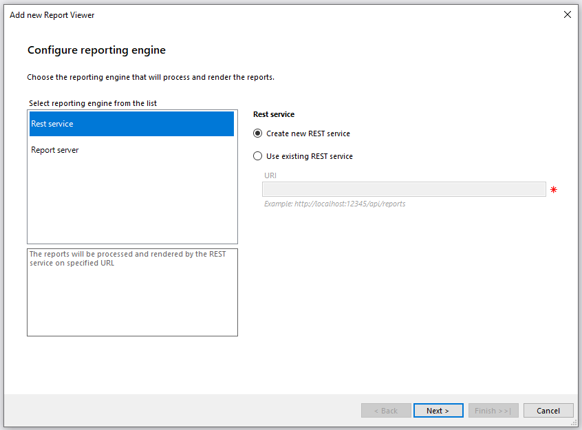 An image of the Configure reporting engine step of the HTML5 MVC Report Viewer item template wizard