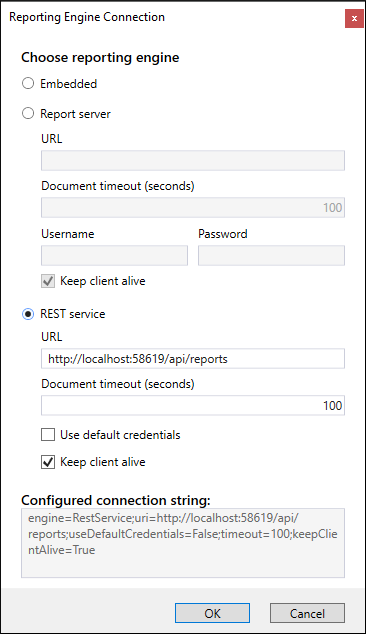 An image ofthe Report Engine Connection dialog with REST Service option selected