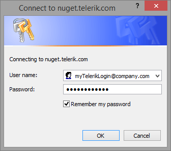 Telerik.com credentials form to access the Telerik NuGet Feed