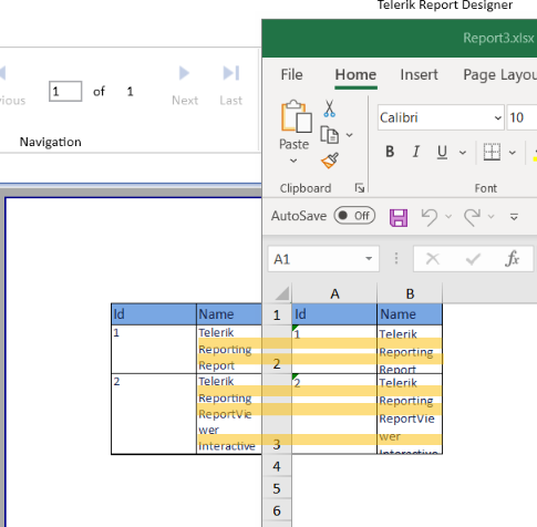 Image showing the subtle difference in line spacing between the PrintPreview and Excel output format.