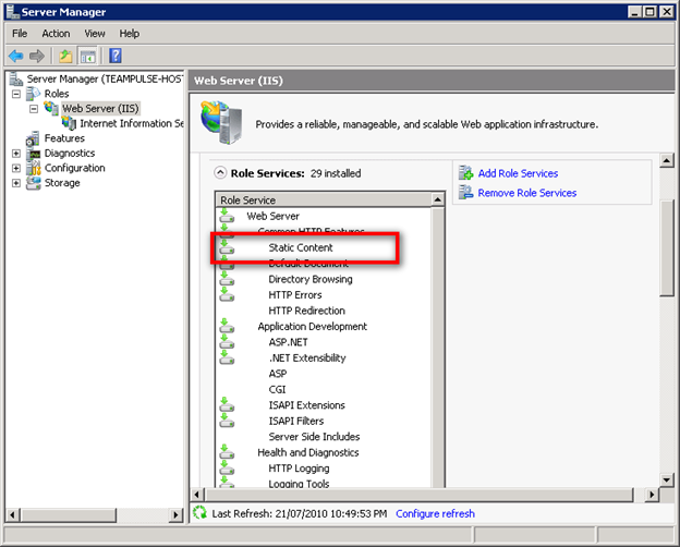 Enabling Static Content in Windows Server 2008