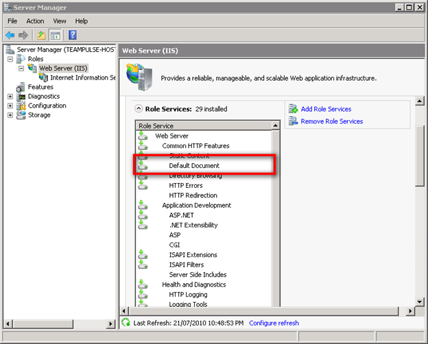 Enabling Default Document in Windows Server 2008