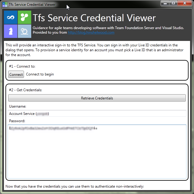 get tfs service credentials