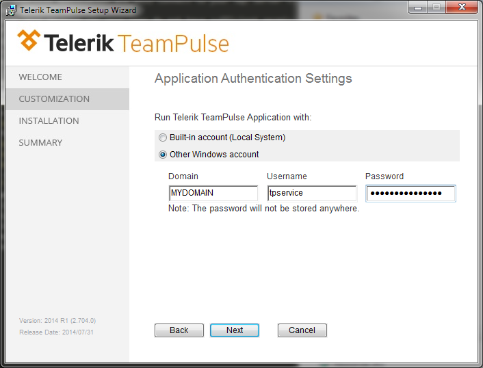 Installation Application Authentication Settings screen