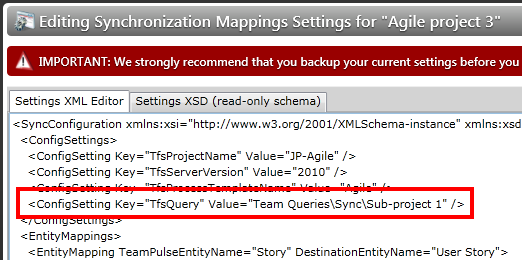 TFS query sync settings