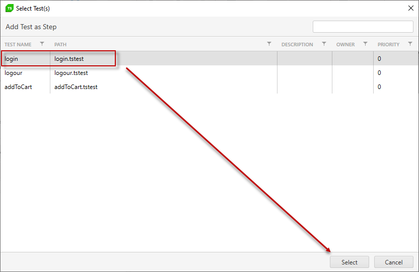 Choose a Test to add as step
