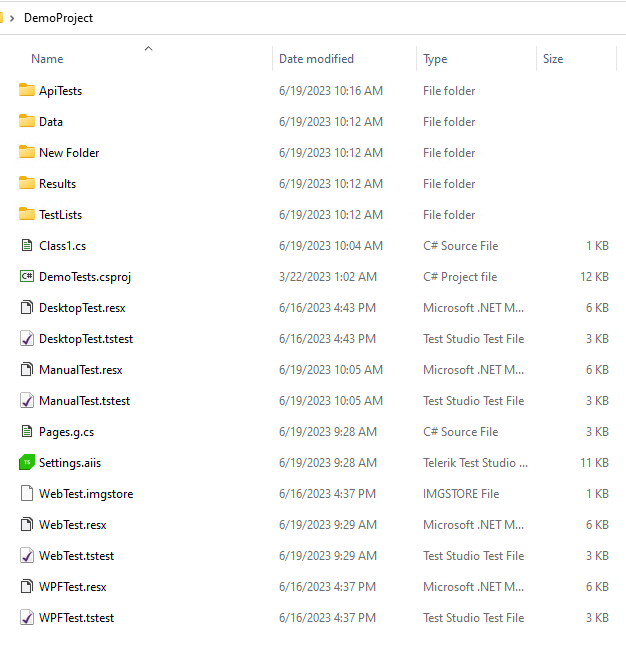 File Types in the Project in FIle Explorer