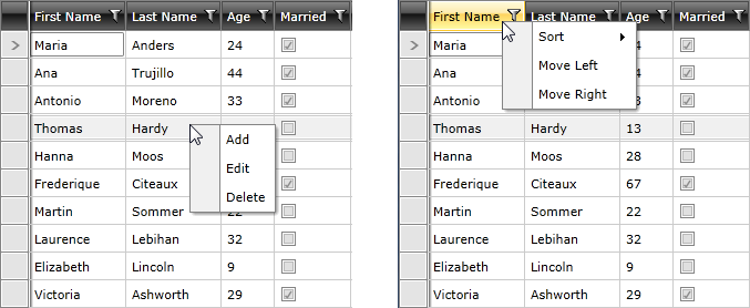 RadContextMenu shown when clicking on row and header respectively