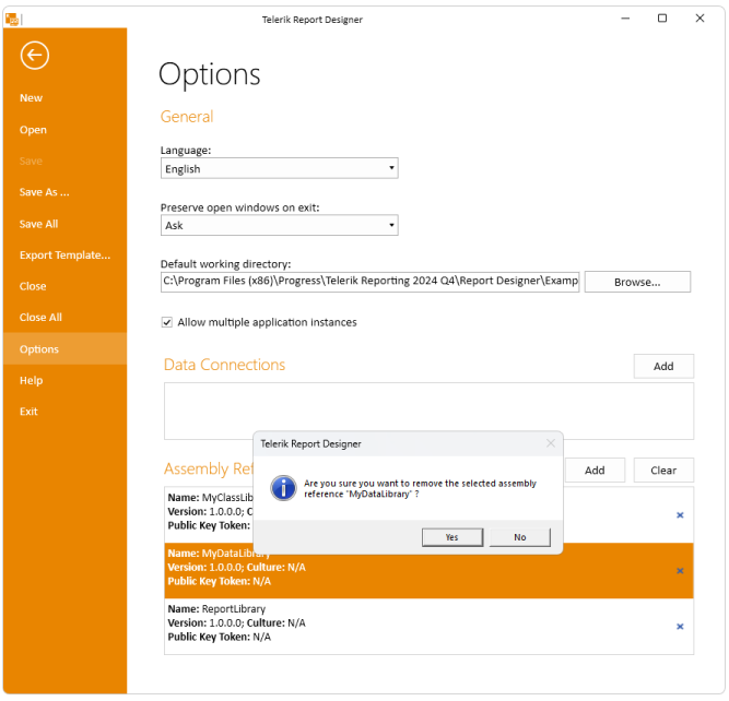 Delete an Assembly Reference in the Standalone Report Designer's Options