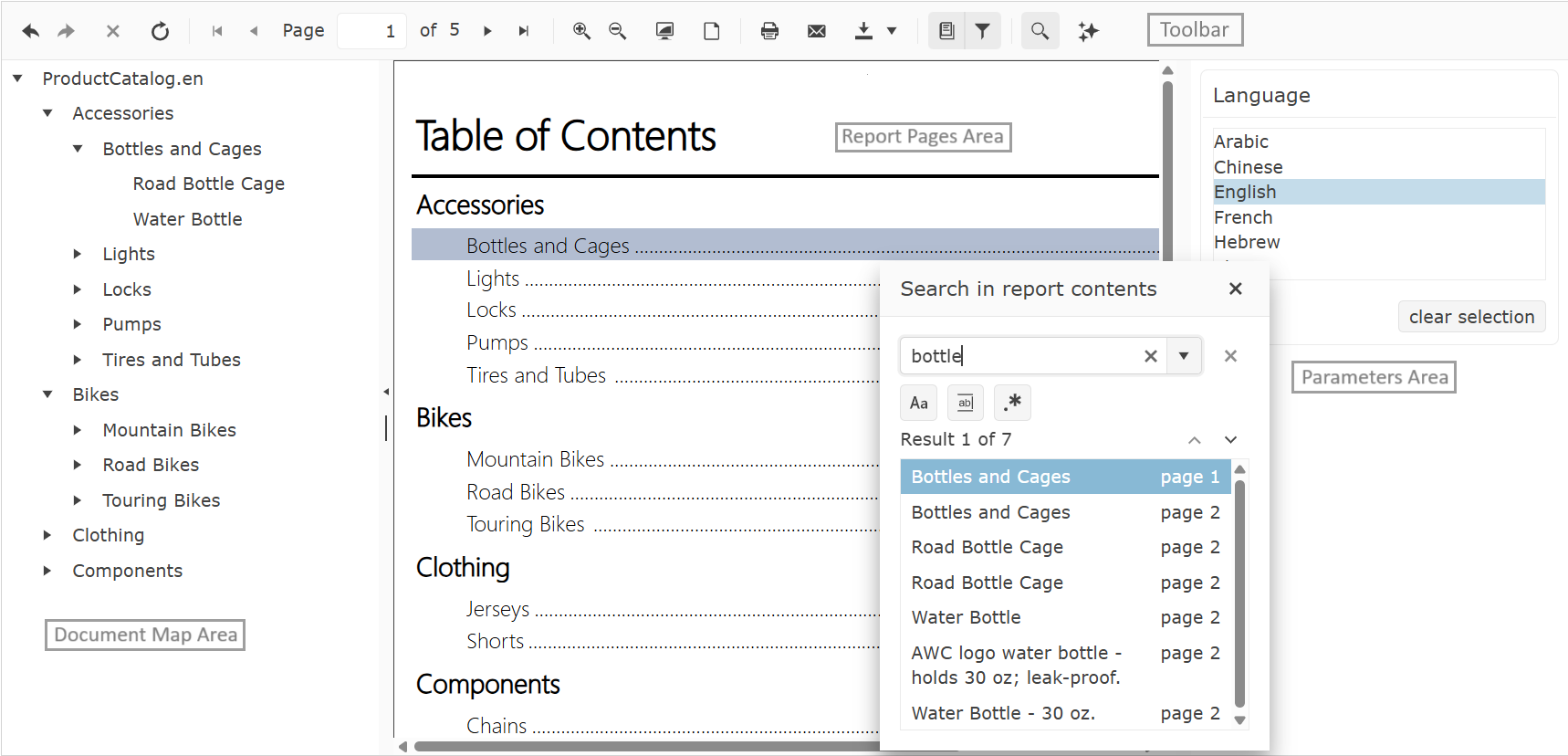 The visual appearance of the HTML5-based Report Web Viewer with its main areas highlighted