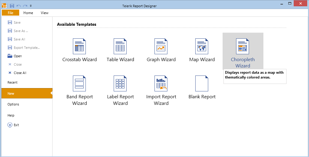 Select the Choropleth Wizard Item Template from the Standalone Report Designer File Menu