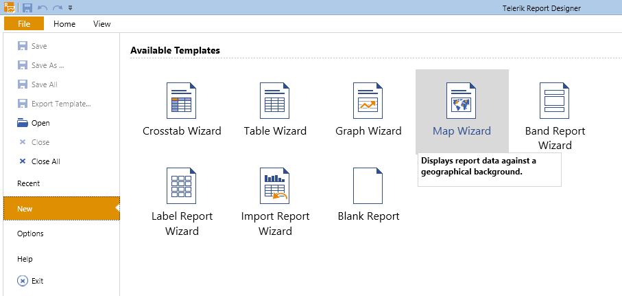 Select the Map Wizard Item Template from the Standalone Report Designer File Menu