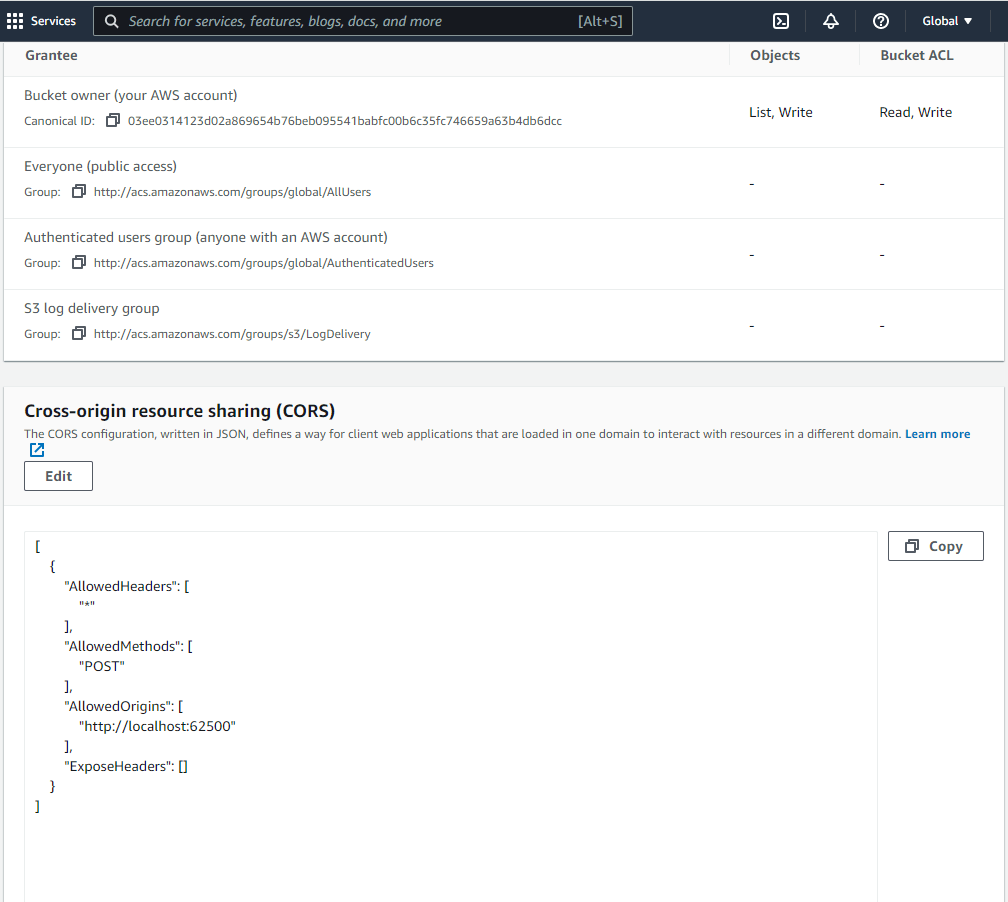 UI for ASP.NET Core Amazon S3 Bucket CORS