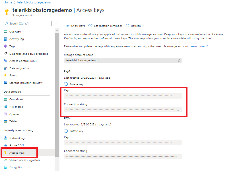 UI for ASP.NET Core Azure Access Keys