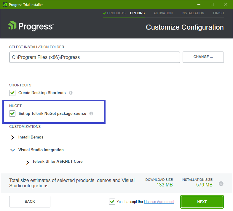 UI for ASP.NET Core NuGet checkbox in Progress Trial Installer