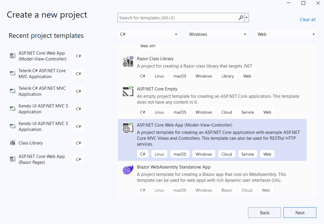 UI for ASP.NET Core Create a new project