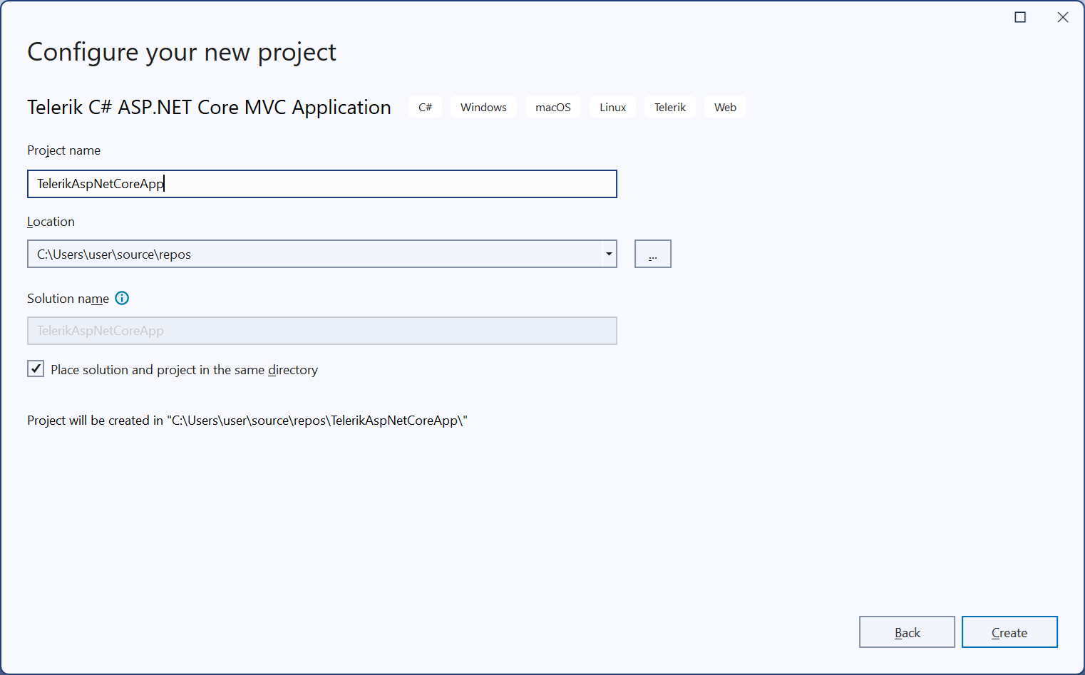 UI for ASP.NET Core New project configuration