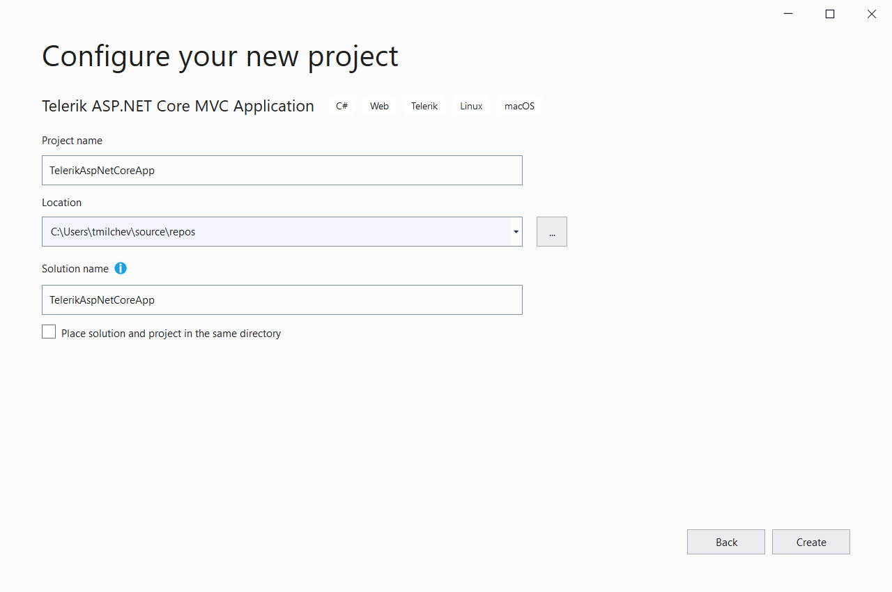 UI for ASP.NET Core New project configuration