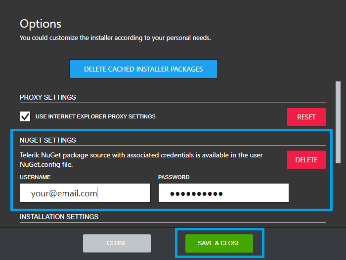 UI for ASP.NET Core Set Up Nuget on Progress Control Panel options