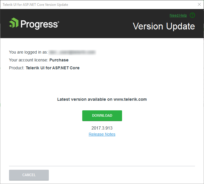 UI for ASP.NET Core Confirming the download of the latest version dialog