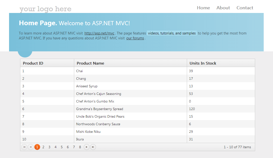 UI for ASP.NET Core The final result is a Grid bound to data