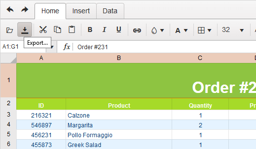 UI for ASP.NET Core Spreadsheet activating the Export to Excel dialog